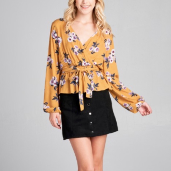 🆕 LAST 1: Mustard Floral Tie-Waist Blouse - Picture 2 of 7